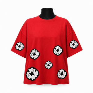 Camiseta Roja Extra Grande para Mujer, de Algodón, Corte Holgado, Cuello Redondo, Manga Corta, Bordado Floral, para Todas las Temporadas, Estilo Casual - Product Image 1