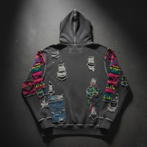 Sweat à capuche pour homme de haute qualité, délavé à l'acide, effet délavé, blocs de couleur contrastés, appliqué brodé, style ample - Product Image 2