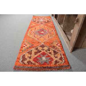 Alfombra Vintage turca de lana de 2x8 pies en naranja y rojo diseño de retazos rectangulares de área grande con respaldo de látex para habitaciones de adolescentes - Product Image 2