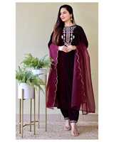 Ensemble de costume pakistanais en velours pur Kurti Pant Dupatta avec broderie à la main sur le col, manches trois quarts et dupatta en tulle