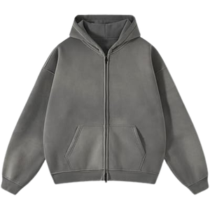 Sudadera con Capucha Gris Lavada al Ácido, Estilo Vintage, Acabado Suave de Felpa, Cierre Completo, Ropa Urbana, Sudadera de Invierno - Product Image 1