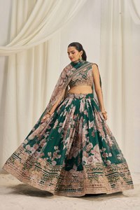 Floral Printed Organza Lehenga Set for Parties Semi-Stitched Embroidered Dupatta Unstitched Blouse Zari Dori <b>Sequin</b> Work - Product Image 3