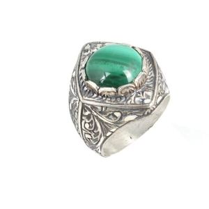 925 <b>Sterling</b> <b>Silver</b> Men's <b>Ring</b> with Natural Stone Bezel <b>Set</b> Engraved Malachite Gemstone Everyday Wear Jewelry - Product Image 2