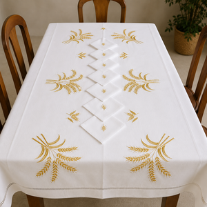 Hand Embroidered Sunflower Cotton <b>Tablecloth</b> Set Classic Floral Design Eco-Friendly Washable Customizable Home Use White - Product Image 3
