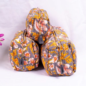 <b>Large</b> Block Printed Cotton Grey with Yellow Vintage Eco-Friendly Water Resistant Case Zipper Closure Travel Cosmetic <b>Bag</b> Pockets - Product Image 2