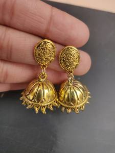 German <b>Silver</b> Gold Tone Jhumki Earring With Detachable Earchain Affordable <b>Jhumkas</b> Unique Design Ideal For Weddings, Festivals - Product Image 3