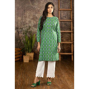 Chemisier en soie tricotée imprimée verte Khaddar, taille unique, pour femme, avec boutons, motif floral vintage, long, idéal pour le bureau, printemps-automne - Product Image 3
