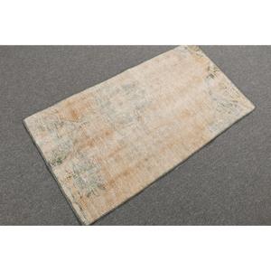 พรมตุรกีโบราณขนาดเล็ก 1.8x3.4 ฟุต สีเบจลายทางสีน้ำเงิน ทำจากขนสัตว์ - Product Image 4