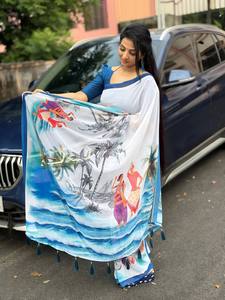 Tela Georgette suave de primera calidad con efecto de humo adicional e impresión digital Allover Saree adjunto con blusa perfectamente combinada - Product Image 3