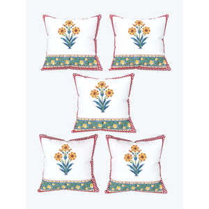 Housse de coussin en coton imprimé bloc du Rajasthan fait à la main en rouge jaune ensemble de 5 pièces - Product Image 4