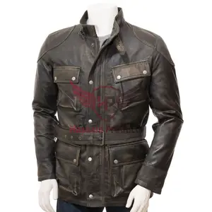 Jaqueta de couro vintage masculina - estilo clássico de motociclista com acabamento angustiado, forro de popeline e bolsos de couro