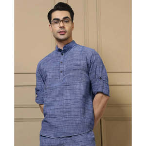 Amanush Men's Blue Cotton Textured Plaid Co-ord Set Mandarin Collar Kurta <b>Pyjama</b> Set Casual <b>Summer</b> Wear Breathable Full Length - Product Image 2