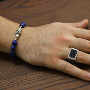 925 Sterling Silver Men's <b>Bracelet</b> with Lapis Lazuli Natural <b>Ball</b> Stone Gift - Product Image 4