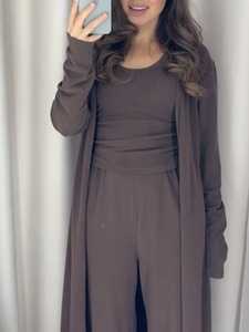 Femmes été décontracté ample coton lin chemise ensemble à manches longues Blouse haut manteau poche et droite jambe large pantalon maison porter costume - Product Image 6