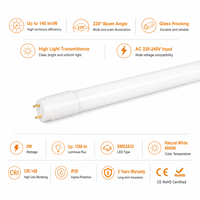 Tube LED T8 commercial 9W 6000K CRI80 IP20 en verre, 220 degrés, 140 lm par W, pour bureaux, écoles, centres commerciaux