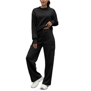 ชุดเซ็ตสเวตสูทลำลองสำหรับผู้หญิง ผ้าฝ้ายฟลีซ 100% ระบายอากาศได้ดี เหมาะสำหรับฤดูหนาว เสื้อคอกลมแขนยาว กางเกงขายาวทรงคาร์โก้ - Product Image 1