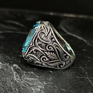 Anillo de Plata Hecho a Mano para Hombre con Piedra Preciosa de Aguamarina, Grabado Cuadrado, Estilo Floral, Chapado en Oro, Regalo Único para Él - Product Image 4