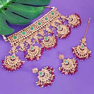 Conjunto de joyería India para mujer, gargantilla de perlas de imitación de cristal, collar, pendientes, joyería nupcial Maang Tikka, multicolor - Product Image 2