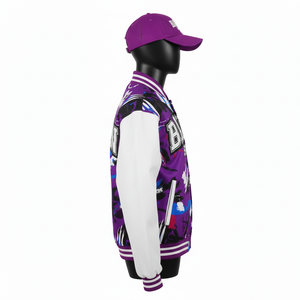 Chaqueta Universitaria para Mujer, Cuerpo de Algodón Premium con Paneles de Manga Blancos, Estampado Morado, Logotipo Bordado Personalizado, Chaquetas Universitarias para Mujer - Product Image 3