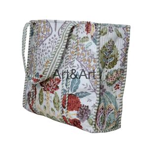 Sac fourre-tout en coton fait main vintage à imprimé floral imprimé à la main avec deux poignées Sac à bandoulière de haute qualité - Product Image 5