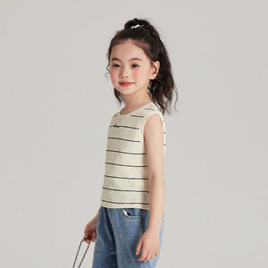 เสื้อยืด F-ribbed 100% ลายทางแขนกุดผ้าฝ้ายคอตตอนสไตล์ลำลองสำหรับฤดูร้อนเสื้อโปโลเด็กผู้หญิง ST493 - Product Image 2