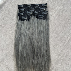 Extensions de cheveux humains 100% naturels, gris, à clips, non traités, vierges, Remy, en trame, clips sans couture pour un volume et une longueur instantanés - Product Image 3