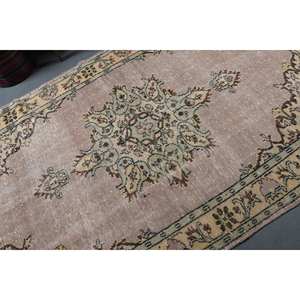 Alfombra turca Vintage Beige verde 5,5X9 pies hecha a mano estilo bohemio lana con respaldo de látex para cabecera patrón de retales rectangulares - Product Image 5