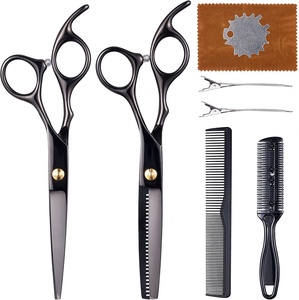 Juego de Tijeras de Peluquería de Acero Inoxidable con Recubrimiento Negro para Cortar y Entresacar Cabello, con Peine y Cortapelos para Uso en Salón - Product Image 1