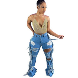 Kg0155 2022 Pantalones Vaqueros de Mezclilla para Mujer, Cintura Alta, Casuales, con Flecos de Terciopelo y Borlas, Estilo Flare - Product Image 5