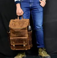Yüksek kalite Vintage stil kahverengi tam tahıl deri sırt çantası fermuar kapatma seyahat birçok cep deri dizüstü sırt çantası