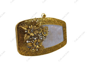 Luxury Mother of <b>Pearl</b> <b>Clutch</b> with Gold Floral Metal Embellishment Handmade Evening <b>Bag</b> for Wedding Party Bridal Occasions - Product Image 2