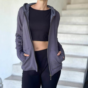 Veste de sport à manches zippées pour femmes, en molleton de coton de bambou, avec fermeture éclair, sweats à capuche personnalisés avec poche - Product Image 3