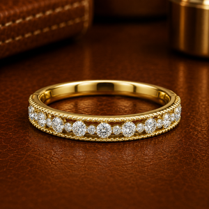 Round Cut Alternating Lab Grown Diamonds <b>Rings</b> DEF VVS 14K 18K Yellow Gold Vintage Milgrain Wedding Band OEM Wholesale Supplier - Product Image 1