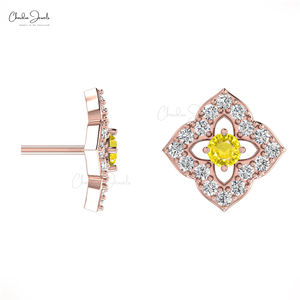 ต่างหูแซฟไฟร์และเพชรปูทางสำหรับผู้หญิงกระดุมทอง14K ลายดอกไม้ดีไซน์ล่าสุด - Product Image 2