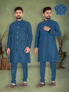Vêtements de fête traditionnels indiens, soie épaisse Banglori avec intérieur en kurta avec pyjama et veste koti pour hommes, prix de gros - Product Image 3