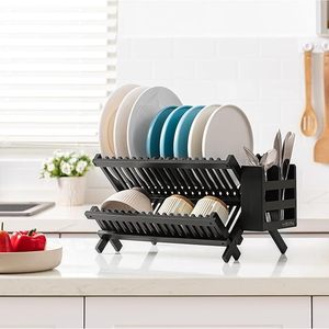 Estante de secado de platos plegable de 2 niveles de bambú negro con soporte para utensilios Escurridor de cocina plegable - Product Image 1