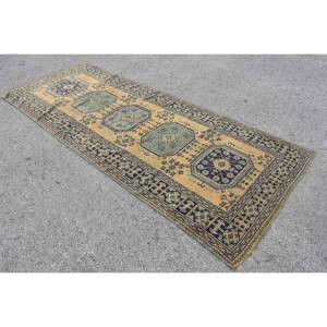 Classic <b>Boho</b> Yellow Blue Wool <b>Rug</b> 4.4 X 11.1ft Turkish Style Patchwork Rectangle for Living Room Entryway Teen's Hallway Latex - Product Image 2
