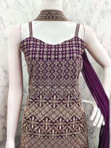 Traje de lujo de verano de estilo tradicional indio para mujer, vestido Sharara bordado con Salwar Kameez y Dupatta, ropa de mujer trabajada - Product Image 6