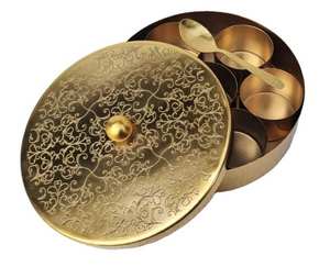 Engraved Food Grade Brass Masala Spice Box Tableware with Stackable Modern Design Container Rack Spoon Herb Tools - Product Image 3