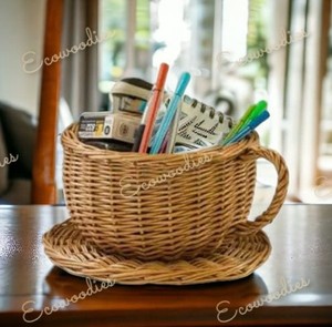 Novedad, regalo de mimbre, cafetería, taza de té y platillo, cesta de almacenamiento de exhibición, cesta decorativa Rectangular con asas - Product Image 4