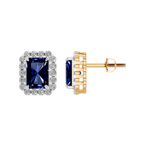 Elegant Precious Sapphire Gold Emerald-Cut Gemstone Stud <b>Earrings</b> with a Dazzling Diamond <b>Halo</b> for a Luxurious Finish - Product Image 3