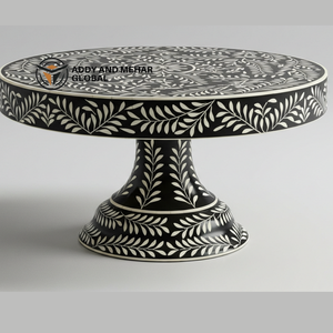 Support à gâteau en pied en céramique noire et blanche de luxe, écologique, lavable au lave-vaisselle, fait à la main, motif floral et feuilles - Product Image 6