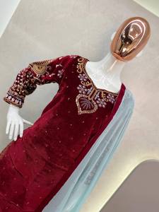 Traje de terciopelo de invierno tradicional de alta calidad, bordado de manga completa, cordón de lentejuelas, Ropa Étnica India paquistaní para bodas - Product Image 4