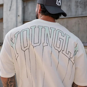 Camiseta de gran tamaño para hombre de moda de estilo americano, camiseta informal de manga corta con estampado de algodón para correr, gimnasio, deportes, fitness - Product Image 1