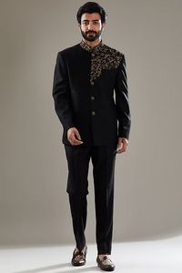ELEGANT ZARI EMBROIDERY on STYLISH BLACK COAT, <b>PANT</b> SUITS WITH MATCHING SHOE WITH EMBROIDERY for PARTY-WEAR/WEDDING @ 2024 - Product Image 2