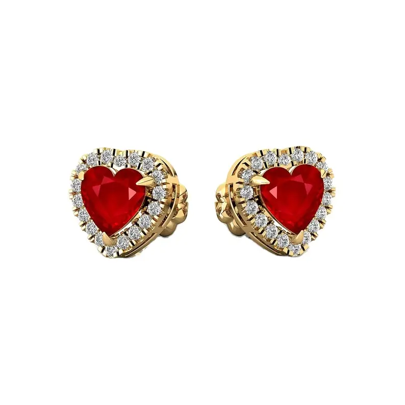 2023 Fine Jewelry 14K Solid Gold Heart Shape Ruby Stud Earrings Natural Diamond 18k Rose Gold Valentine Heart Shape Stud Earring