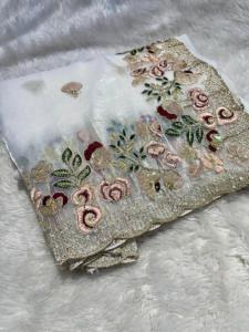 Stylish Traditional Soft Organza <b>Tissue</b> White Sari <b>For</b> Party <b>Wedding</b> Wear With Trendy Fancy Blouse Most Selling Women Saree - Product Image 2