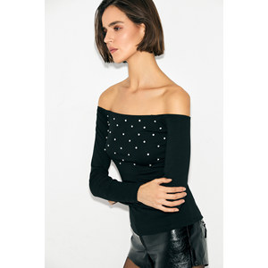 GRIMELANGE Women's <b>Off</b>-<b>Shoulder</b> <b>Long</b> <b>Sleeve</b> Blouse with Rhinestone Detail-Stretch Fabric Carmen Neck <b>Top</b> - Product Image 1