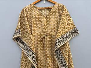 Fait à la main indien coton Bagru Caftan parole longueur taille naturelle jaune imprimé fleuri été formelle fête porter robe ethnique - Product Image 2