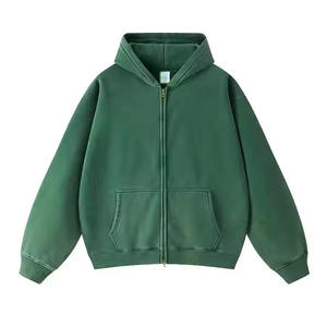 Sudadera con capucha con cremallera completa de lana pesada lavada con ácido de poliéster/algodón personalizada para hombre, cuello con capucha de invierno, diseño de bolsillo, patrón sólido, teñido liso - Product Image 1